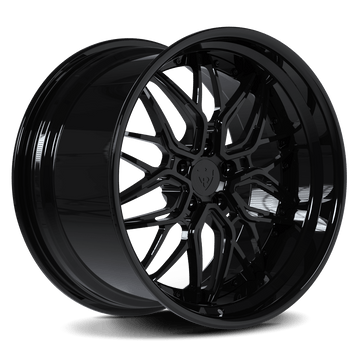Custom forged black RV-T081 step lip wheel for Dodge Challenger Hellcat by RVRN Wheels, machined from aerospace-grade 6061-T6 aluminum.